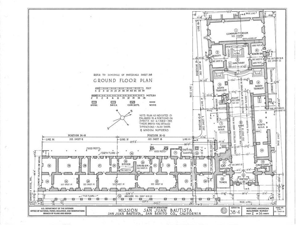 <span class="caption">Plan of Mission San Juan Bautista showing the church’s off-square orientation.</span> <span class="attribution"><a class="link " href="http://www.missionscalifornia.com/category/missions/san-juan-bautista" rel="nofollow noopener" target="_blank" data-ylk="slk:California Missions Resource Center;elm:context_link;itc:0;sec:content-canvas">California Missions Resource Center</a></span>