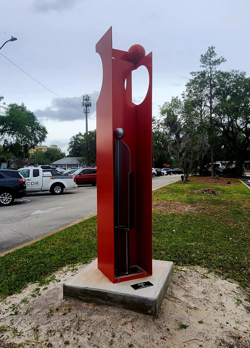 "Nesting," a steel piece by Adam Walls, of Tryon, North Carolina, is pictured here off East Rich Avenue between North Woodland Boulevard and North Alabama Avenue.