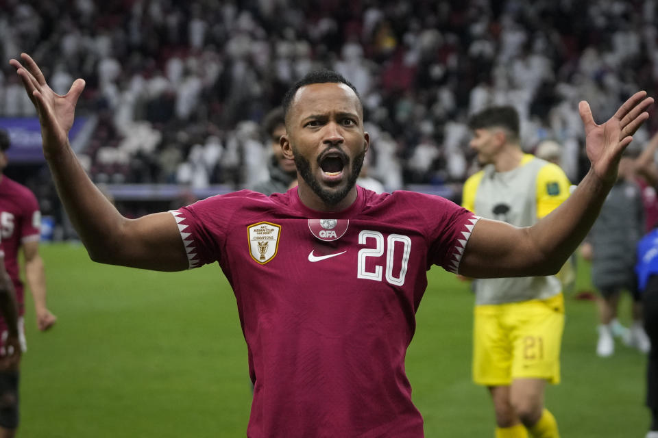 Qatar's Ahmed Fathy Abdoulla celebrates their win during the quarterfinal soccer match between Qatar and Uzbekistan at Al Bayt stadium in Al Khor, Qatar, Saturday, Feb. 3, 2024. (AP Photo/Thanassis Stavrakis)