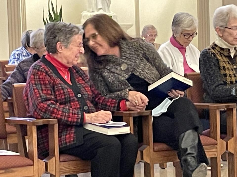 Stephanie Kasprzak (right), executive director of Monroe County Opportunity Program, spoke at Monday's Martin Luther King Jr. Day prayer service at the IHM Motherhouse. She is shown with Sister Anne Wisda. Kasprzak thanked Sister Anne for her support over the last 19 years.