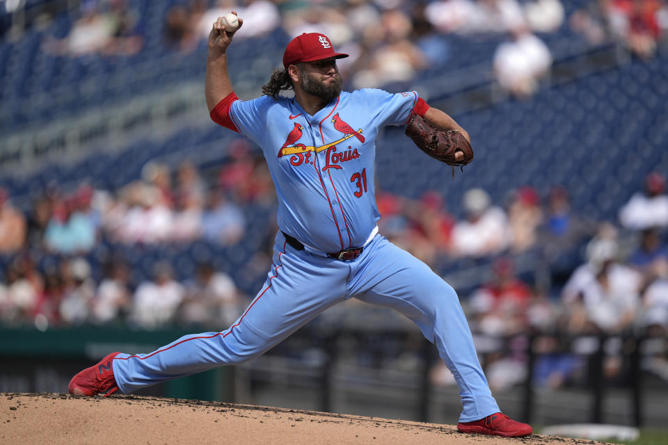 St. Louis Cardinals pitcher Lance Lynn throws during the first inning of a baseball game against the Washington Nationals at Nationals Park, Saturday, July 6, 2024, in Washington. (AP Photo/Mark Schiefelbein)