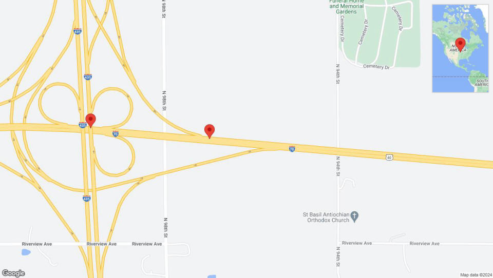 A detailed map that shows the affected road due to 'Lane on I-70 closed in Edwardsville' on July 16th at 11:20 p.m.