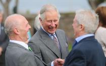 Britain's Prince Charles, Prince of Wales, (C) laughs as he is introduced to Lord Mountbatten's former staff by Peter McHugh (L) as he arrives for a visit to Mullaghmore, in Sligo, Ireland, May 20, 2015. REUTERS/Niall Carson/Pool