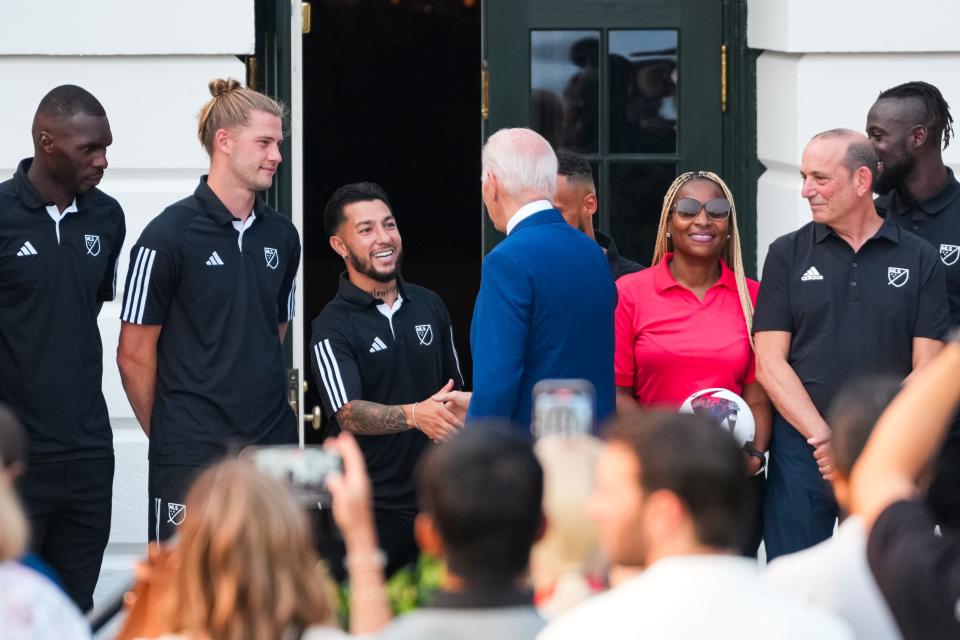 MLS All-Stars including FC Cincinnati's Luciano Acosta are greeted by U.S. President Joe Biden during a July 17 community-initiative event at the White House.