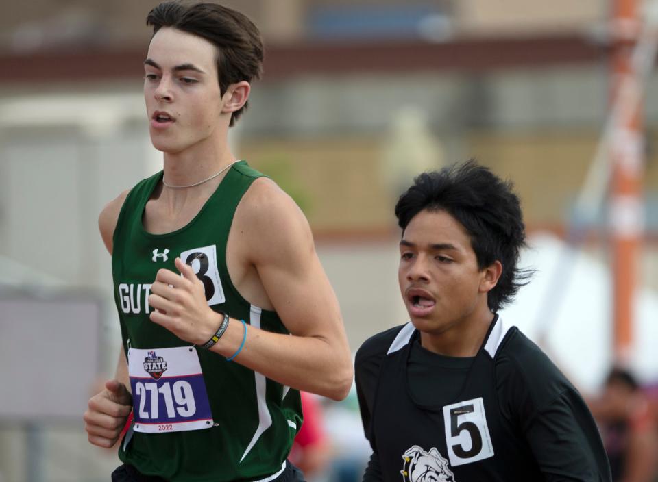 Guthrie's Griff Reel, left, and Loraine's Elijah Vargas compete in the Class 1A 3200 meter run during the UIL State Track and Field meet, Saturday, May 14, 2022, at Mike A. Myers Stadium in Austin.