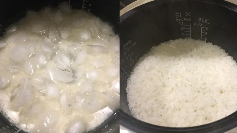 原PO在電鍋中放入冰塊，證實米飯煮完後更香Q。（圖／翻攝自「廚藝公社」臉書）
