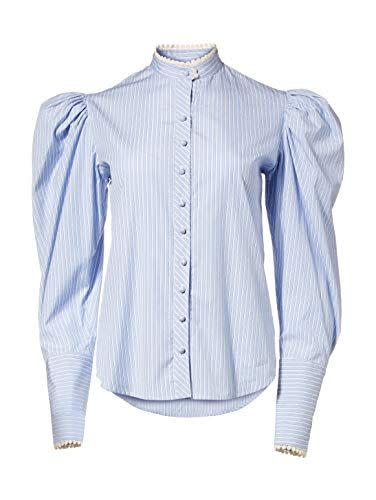 10) Lace Trimmed Puff Sleeve Blouse, S, Blue