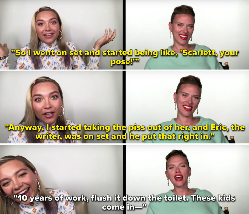 Florence explaining she was "taking the piss out of" Scarlett's pose and Scarlett saying, "10 years of work, flush it down the toilet"