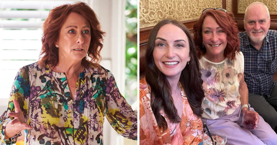 L: Lynne McGranger as Irene Roberts on Home and Away. R: Clancy McWaters, Lynne McGranger and Paul McWaters