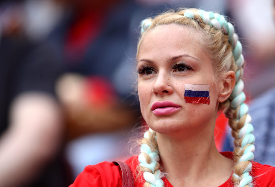 A Russia fan in the stands ahead of the opening fixture between Russia and Saudi Arabia. (PA)