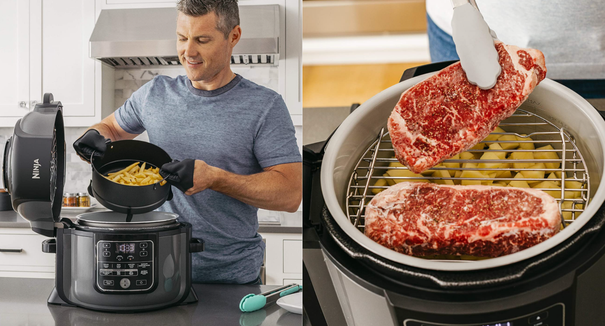 man with basket of french fries and ninja foodi air fryer, cooking steak 