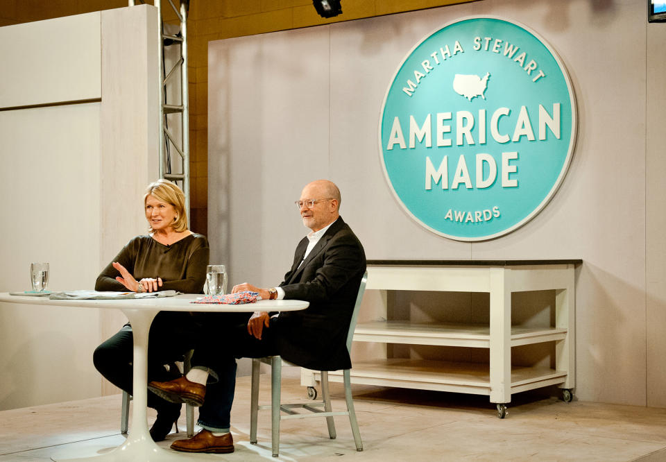 This image released by the American Made Awards shows Martha Stewart, left, during an interview with J. Crew CEO Millard Drexler at Grand Central Terminal's Vanderbilt Hall as part of Stewart's American Made project in New York on Wednesday, Oct. 17, 2012. (AP Photo/American Made Awards, Gabi Porter)