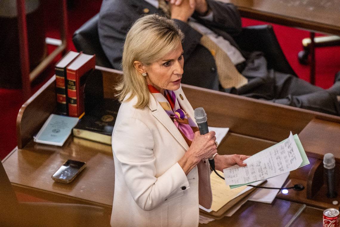 Rep. Kristin Baker, a Cabarrus County Republican and sponsor of SB 20, the abortion restrictions bill, debates the measure during a House veto override vote on Tuesday, May 16, 2023.