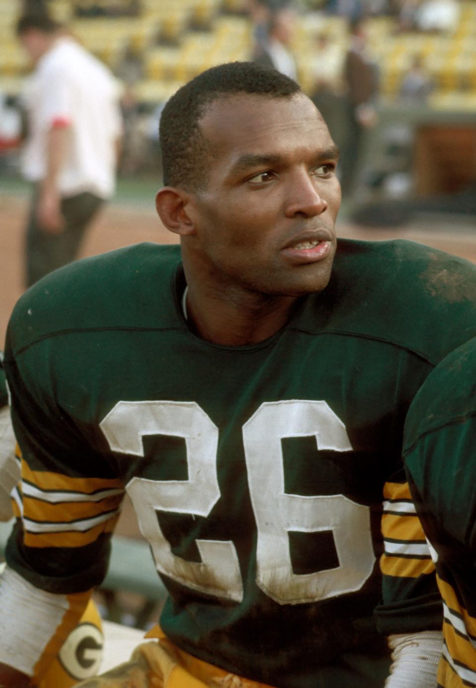 Packers defensive back Herb Adderley sits on bench during the first Super Bowl in 1967 in Los Angeles.