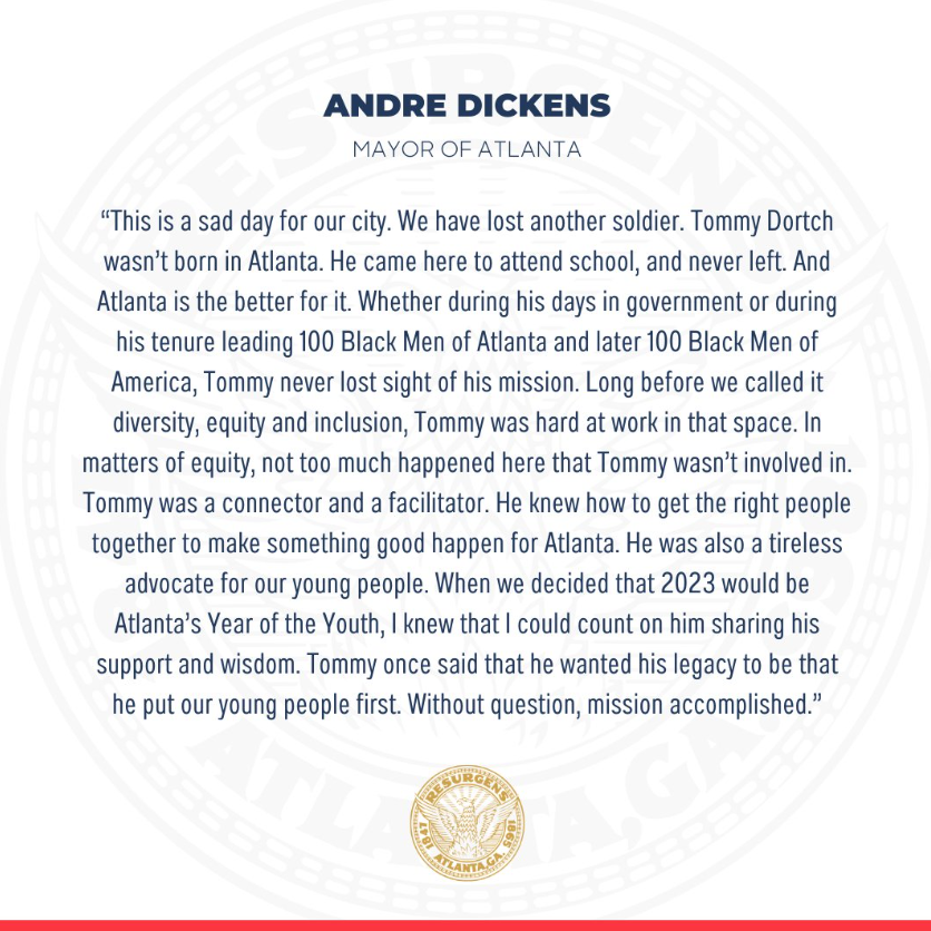 City of Atlanta Mayor Andre Dickens releases a statement about FAMU Trustee Thomas Dortch Jr.'s death.