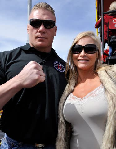 <p>Josh Holmberg /Icon SMI/Corbis/Icon Sportswire/Getty</p> Brock Lesnar with Sable before the start of the Kobalt Tools 400 NASCAR Sprint Cup in 2011