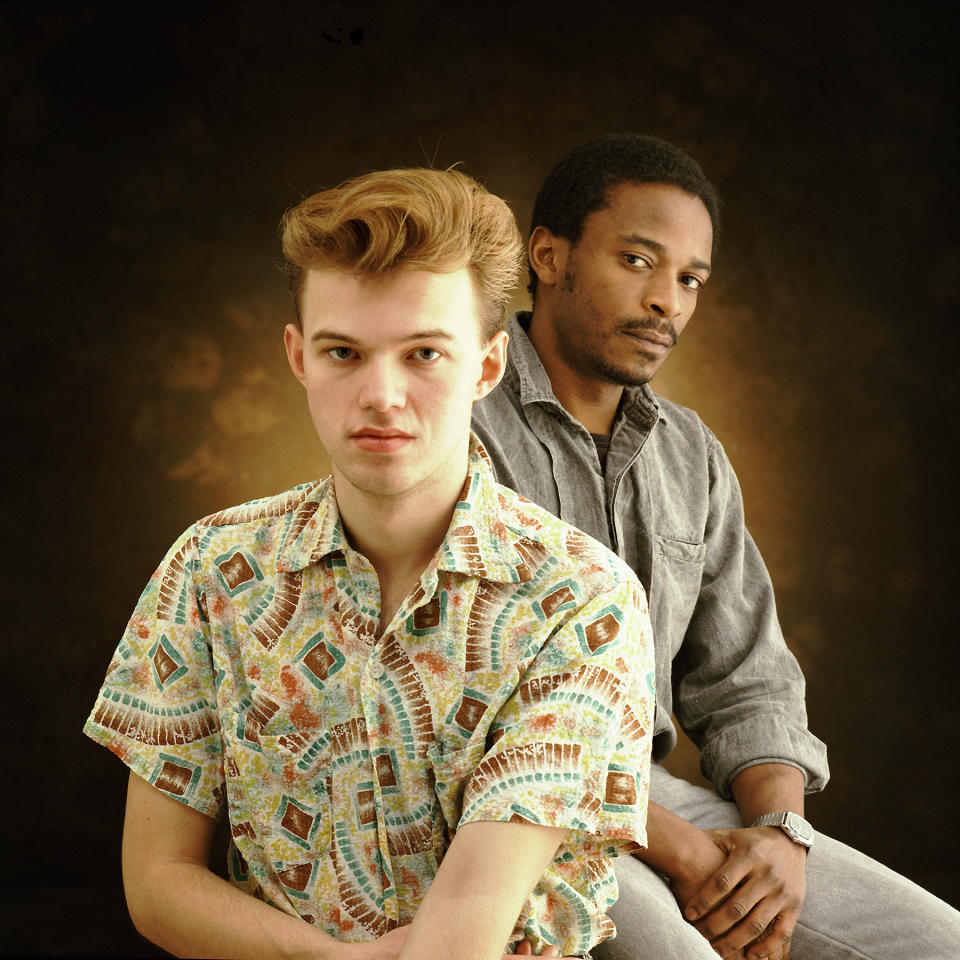 LONDON: Orange Juice posed in London in 1985. L-R Edwyn Collins, Zeke Manyika (Photo by Mike Prior/Getty Images)