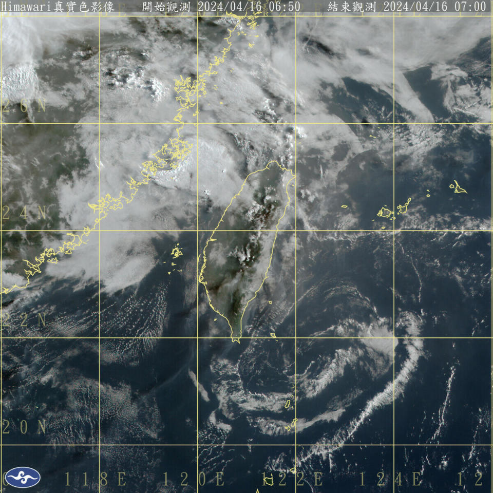 台灣北部海面今天有一道鋒面接近，北部、宜花將變天，而中南部變化不大，仍是溫暖偏熱、午後有局部陣雨的天氣。   圖：中央氣象署／提供