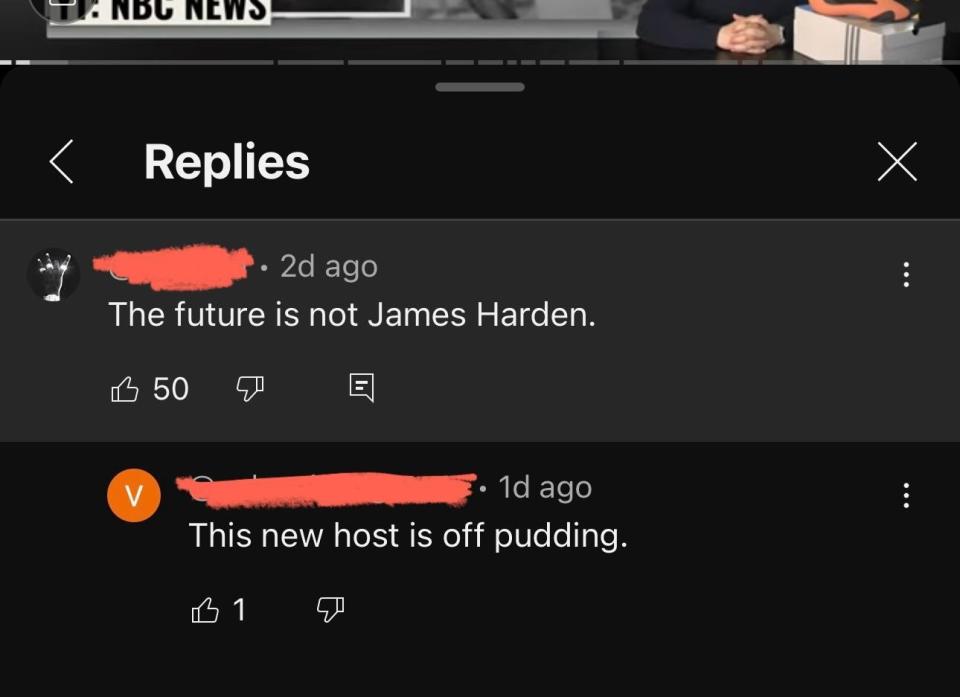 دو نظر در مورد یک ویدیوی خبری.  اولی از شخصی به نام جیمز هاردن انتقاد می کند، دومی با طنز میزبان جدید را نقد می کند