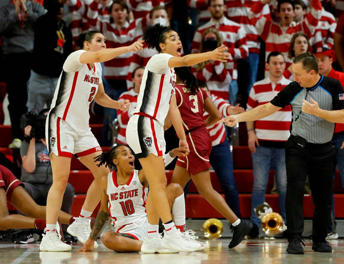 N.C. State’s Mimi Collins, Aziaha James and Madison Hayes react to a call by an official during overtime of the Wolfpack’s 88-80 win over Florida State on Thursday, Jan. 4, 2023, at Reynolds Coliseum in Raleigh, N.C. Kaitlin McKeown/kmckeown@newsobserver.com