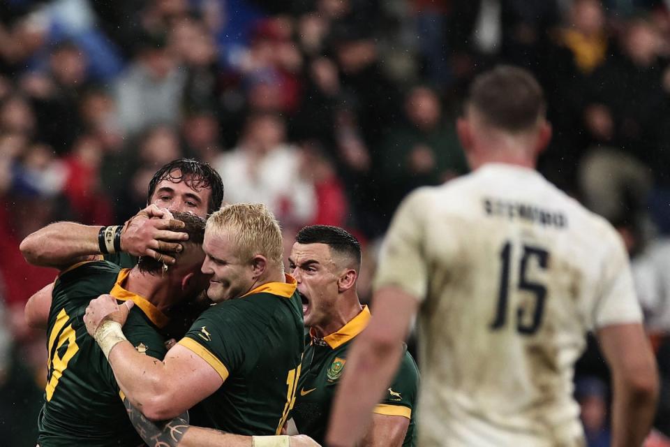 South Africa celebrate after RG Snyman’s second-half try (AFP via Getty Images)