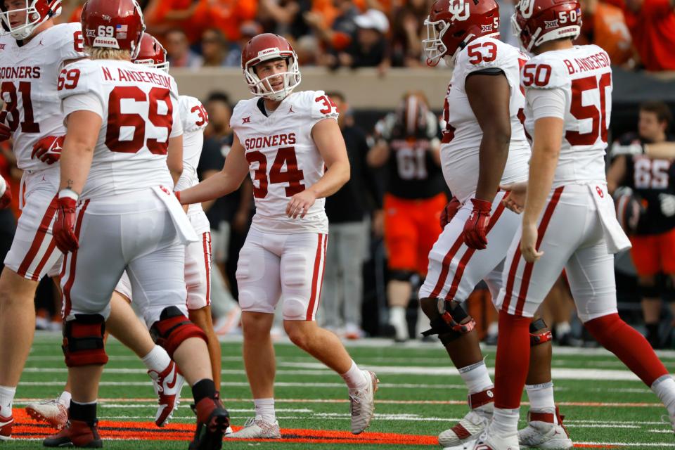 Oklahoma Sooners place kicker Zach Schmit (34) looks up after missing a field goal during a Bedlam college football game between the Oklahoma State University Cowboys (OSU) and the University of Oklahoma Sooners (OU) at Boone Pickens Stadium in Stillwater, Okla., Saturday, Nov. 4, 2023. Oklahoma State won 27-24.