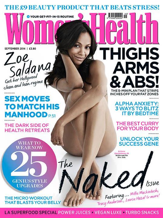 Genau ein Jahr vor Chrissy Teigen war es Zoe Saldana, die sich für die britische Septemberausgabe der “Women’s Health” ausgezogen hat. Mit gekreuzten Beinen sitzt sie auf dem Boden und verdeckt so Brust und Schambereich. (Bild-Copyright: Facebook/womenshealthuk)