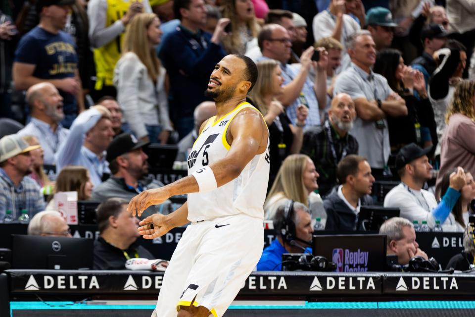 Utah Jazz guard Talen Horton-Tucker (5) reacts after the Orlando Magic score bringing the score up to 115-113 with seconds left in the final quarter of the game between the Jazz and the Magic at the Delta Center in Salt Lake City on Thursday, Nov. 2, 2023. The Orlando Magic won the game 115-113. | Megan Nielsen, Deseret News