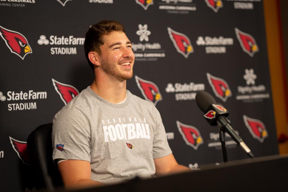 Arizona Cardinals linebacker Kyle Soelle (58) speaks after the Cardinals rookie minicamp in Tempe on May 12, 2023.