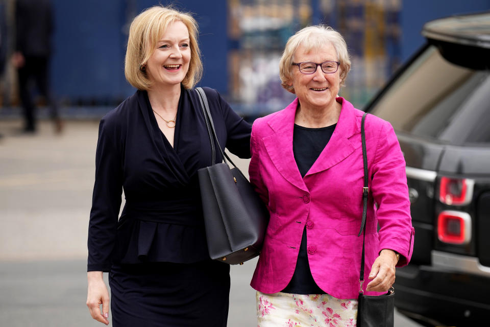 Liz with her mother Priscilla Truss on the campaign trail. (Getty)