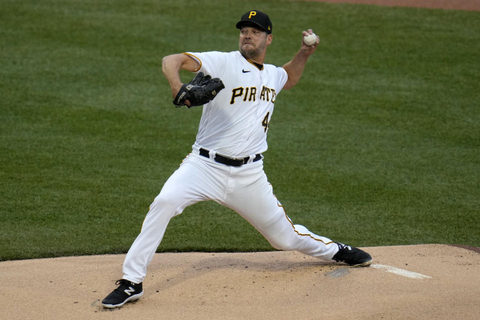 Pittsburgh Pirates starting pitcher Rich Hill delivers during the third inning of a baseball game against the Cincinnati Reds in Pittsburgh, Saturday, April 22, 2023. The Pirates won 2-1. (AP Photo/Gene J. Puskar)