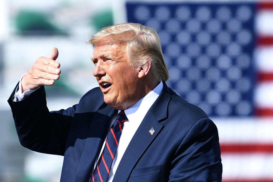 President Donald Trump speaks outside a manufacturing plant in Old Forge, Pennsylvania, on Thursday. Joe Biden sees Trump's handling of the COVID-19 pandemic as a key weakness. (Photo: BRENDAN SMIALOWSKI/Getty Images)