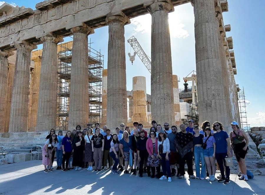 Monmouth College students at the Parthenon in Greece during their trip earlier this month.