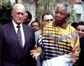 South African President Nelson Mandela speaks next to FIFA President Joao Havelange (L) in South Africa January 12, 1996. REUTERS/Patrick de Noirmont/File photo