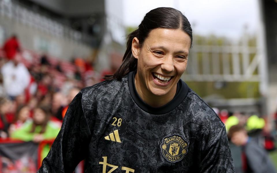 Rachel Williams of Manchester United Women warms up ahead of the Adobe Women's FA Cup Semi Final match between Manchester United Women and Chelsea Women at Leigh Sports Village on April 14, 2024 in Leigh, England