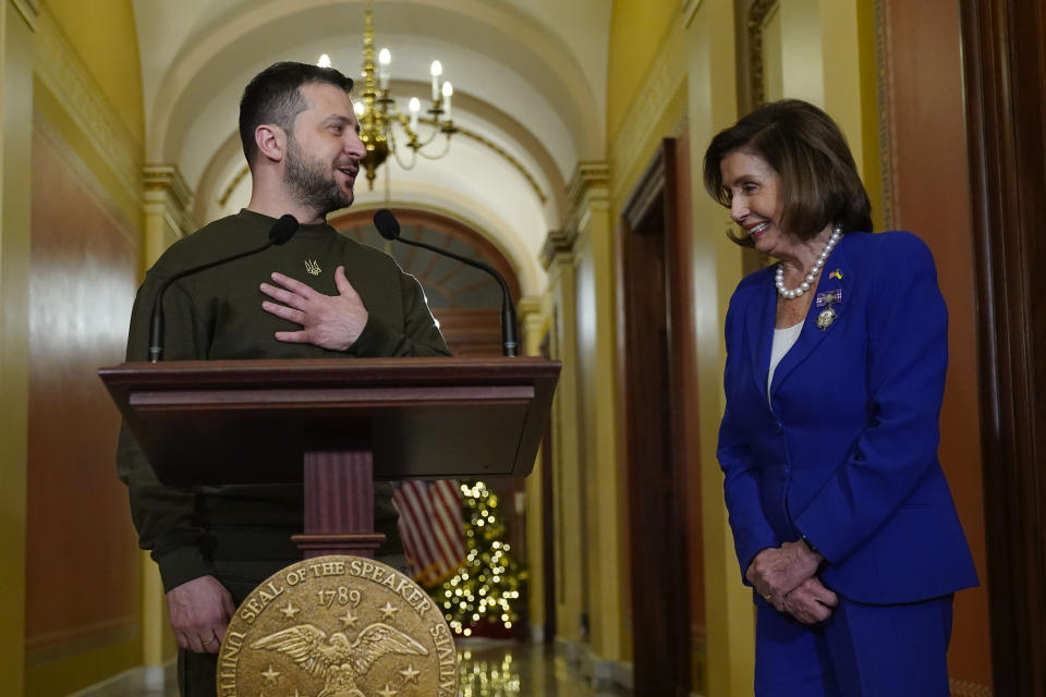 Ukraine's President Volodymyr Zelenskyy, left, meets with Speaker of the House Nancy Pelosi, of Calif., right, Wednesday, Dec. 21, 2022, at the Capitol in Washington.(AP Photo/Jacquelyn Martin)