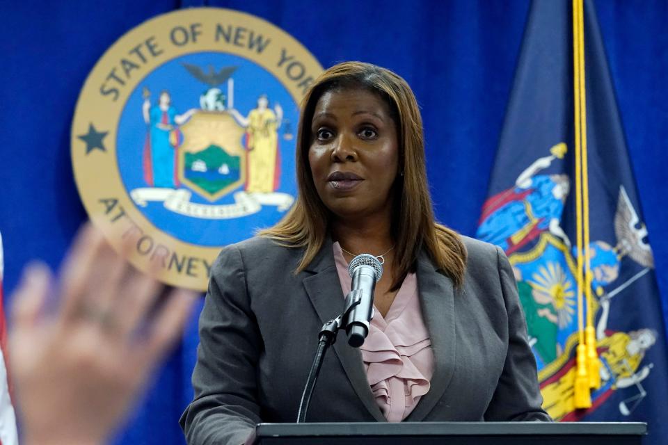 New York Attorney General Letitia James addresses a news conference at her office.