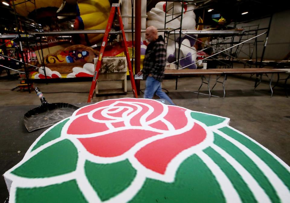 A Tournament of Roses logo is prepped for decorating at the Phoenix Decorating Co.