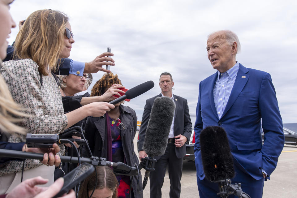 President Joe Biden speaks with reporters as he departs on Air Force One at Wilkes-Barre Scranton International Airport, Wednesday, April 17, 2024, in Scranton, Pa. (AP Photo/Alex Brandon)