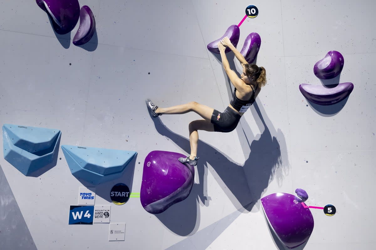 Oriane Bertone of France competes in the Women’s Boulder and Lead final at the IFSC Climbing World Championship 2023, in Bern, Switzerland (EPA)