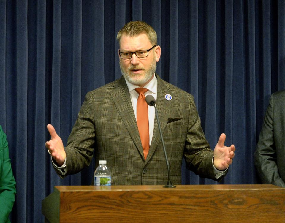 State Rep. Bill Hauter R-Morton, talks about the opioid crisis during a press conference at the state Capitol Thursday, March 16, 2023.