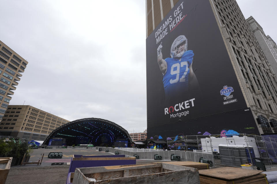 Preparation for the NFL Draft is shown Wednesday, April 24, 2024, in Detroit. (AP Photo/Paul Sancya)