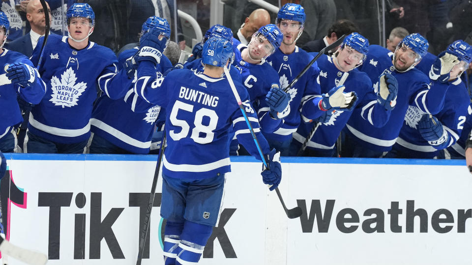 Leafs forward Michael Bunting was a beast throughout his milestone night vs. the Lightning. (Photo via USA TODAY Sports)