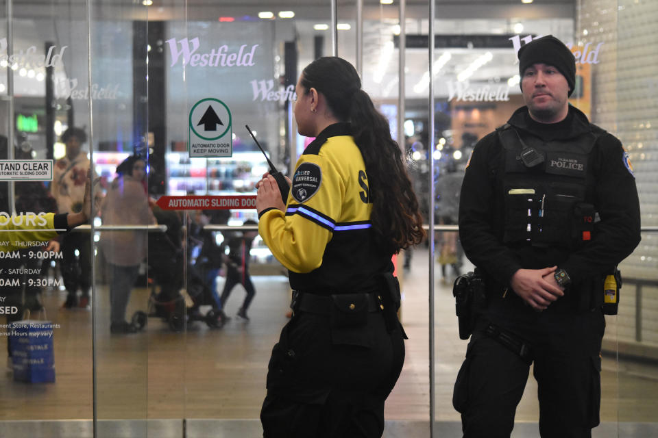 Security guards and police at Garden State Plaza mall in Paramus, NJ, following a reports of a large fight in the mall, on March 11, 2023.<span class="copyright">Kyle Mazza—NurPhoto/Reuters</span>