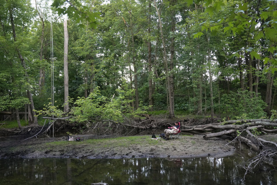 Biologist Ashley Wilson waits for darkness to capture bats in Sharon Township, Mich., June 21, 2023. Fifty years after the Endangered Species Act took effect, environmental advocates and scientists say the law is as essential as ever. Habitat loss, pollution, climate change and disease are putting an estimated 1 million species worldwide at risk. (AP Photo/Paul Sancya)