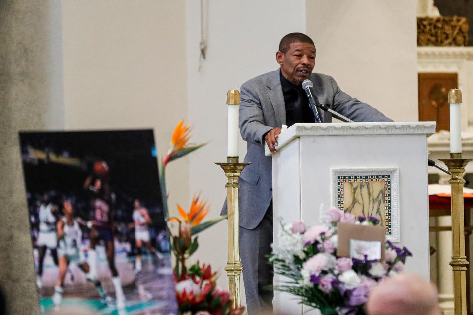 Former NBA player Muggsy Bogues speaks during Celebration of Life for Earl Cureton at St. Charles Lwanga Catholic Church in Detroit on Saturday, Feb. 10, 2024.