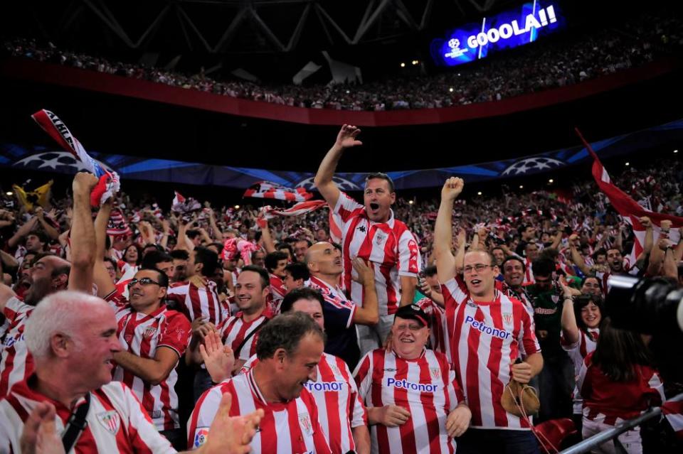 Athletic Bilbao’s fans celebrate a goal in the Champions League play-off against Napoli in 2014.