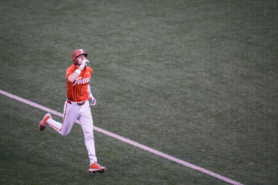 Texas infielder Jalin Flores runs toward home after hitting his team-leading 15th home run of the season during the fourth inning of Tuesday night's 11-0 win over UT-Arlington. The Longhorns blasted six home runs in all, including two from Max Belyeu.