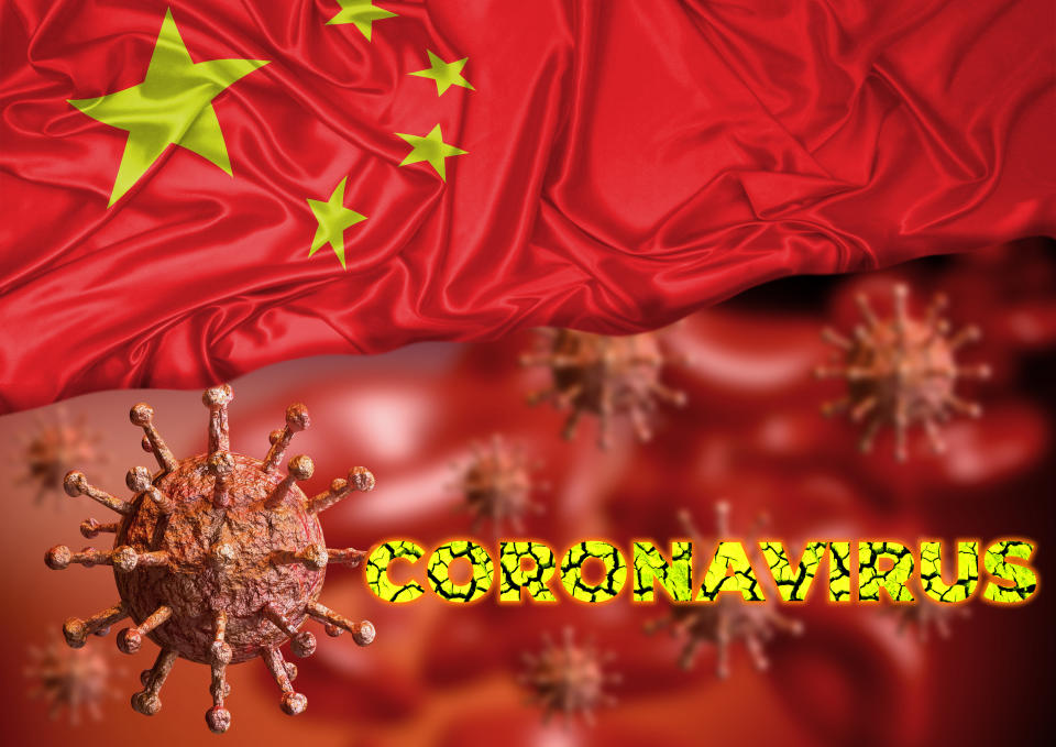 Coronavirus and flag of china, country where an outbreak started in Wuhan city and is spreading around the world. 3D rendering