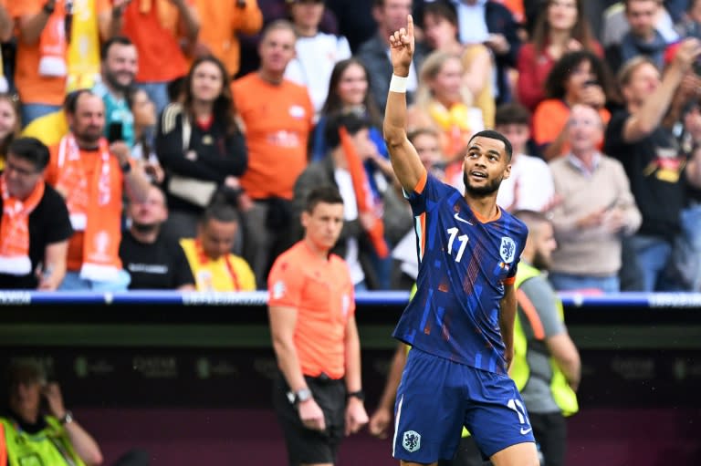 L'attaquant néerlandais Cody Gakpo, buteur mardi soir contre la Roumanie lors de la victoire des Pays-Bas en huitième de finale de l'Euro en Allemagne (Kirill KUDRYAVTSEV)